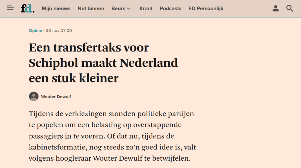 Waarom een transfertaks op Schiphol juist nu broodnodig is – weerwoord op Dewulf in het FD